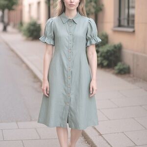 C/MEO COLLECTIVE STRUCTURED LINEN RUFFLE SLEEVE SOPHISTICATED BUTTON FRONT DRESS